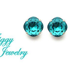 Swarovski Crystal Indicolite Cushion Cut Earrings, Teal Blue Solitaire Studs